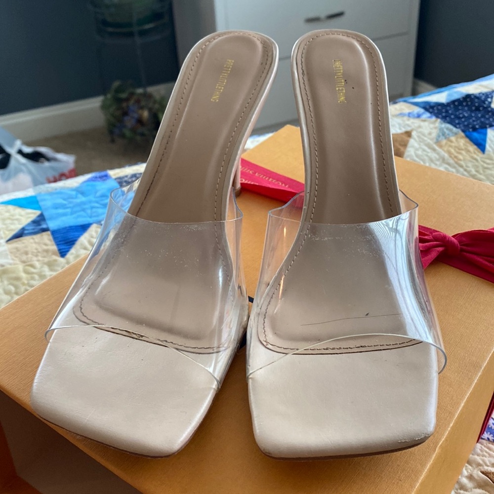 Nude Square Toe Heel with Clear Strap